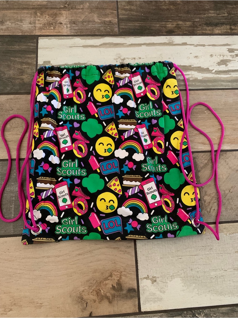 Girl Scouts Black Drawstring Bag with Pink Cords and Colorful Icons